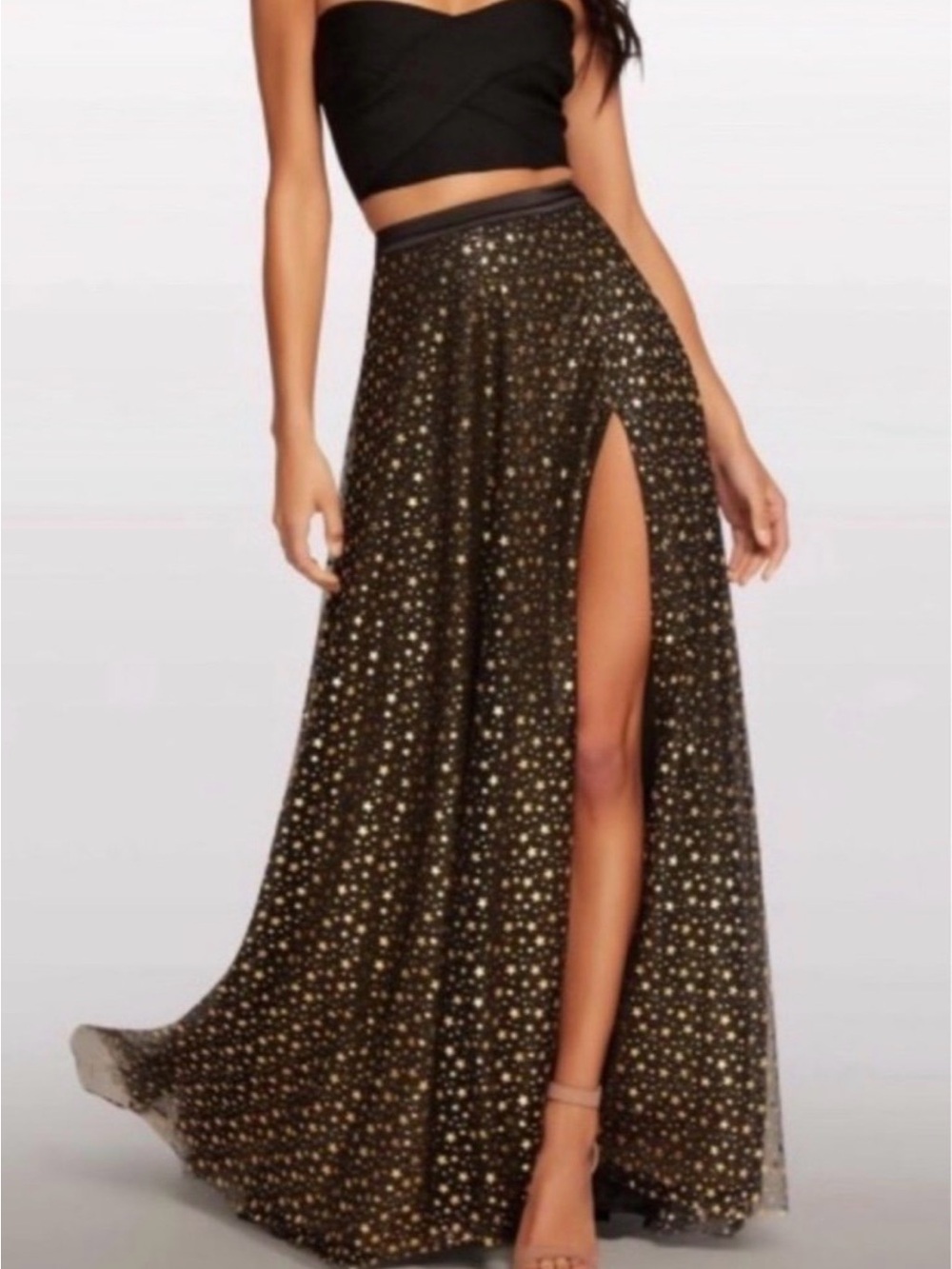 Alyce Paris Black Maxi Skirt set with Gold Star mesh Overlay